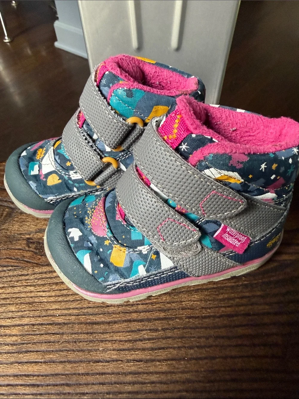 Grey & Pink Patterned Velcro Boots
